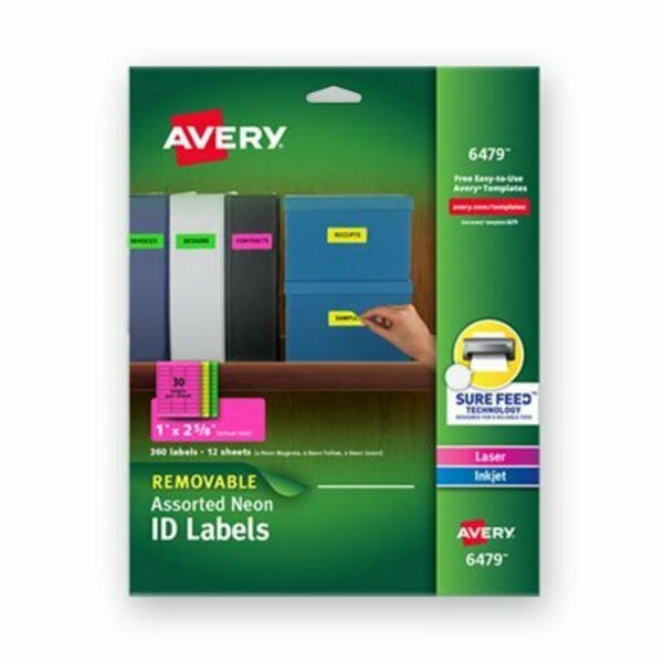 Avery Dennison Avery, HIGH-VIS REMOVABLE LASER/INKJET ID LABELS W/ SURE FEED, 1 X 2 5/8, NEON, 360PK 6479